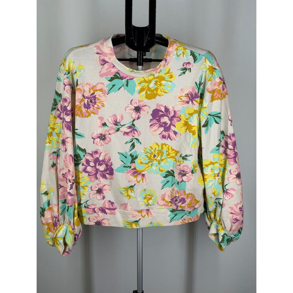 Who What Wear Floral Balloon Sleeve Sweatshirt Cream Pink Yellow Medium